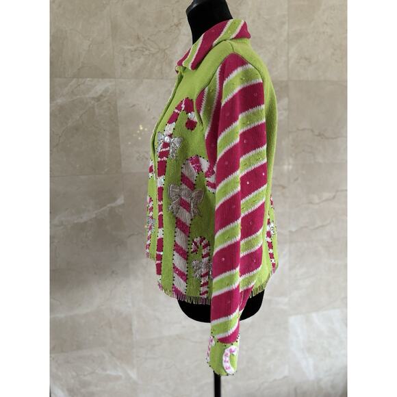 Design Options Philip Jane Gordon Cardigan - S Green Pink Candy Cane Beaded WOW! - Picture 2 of 10